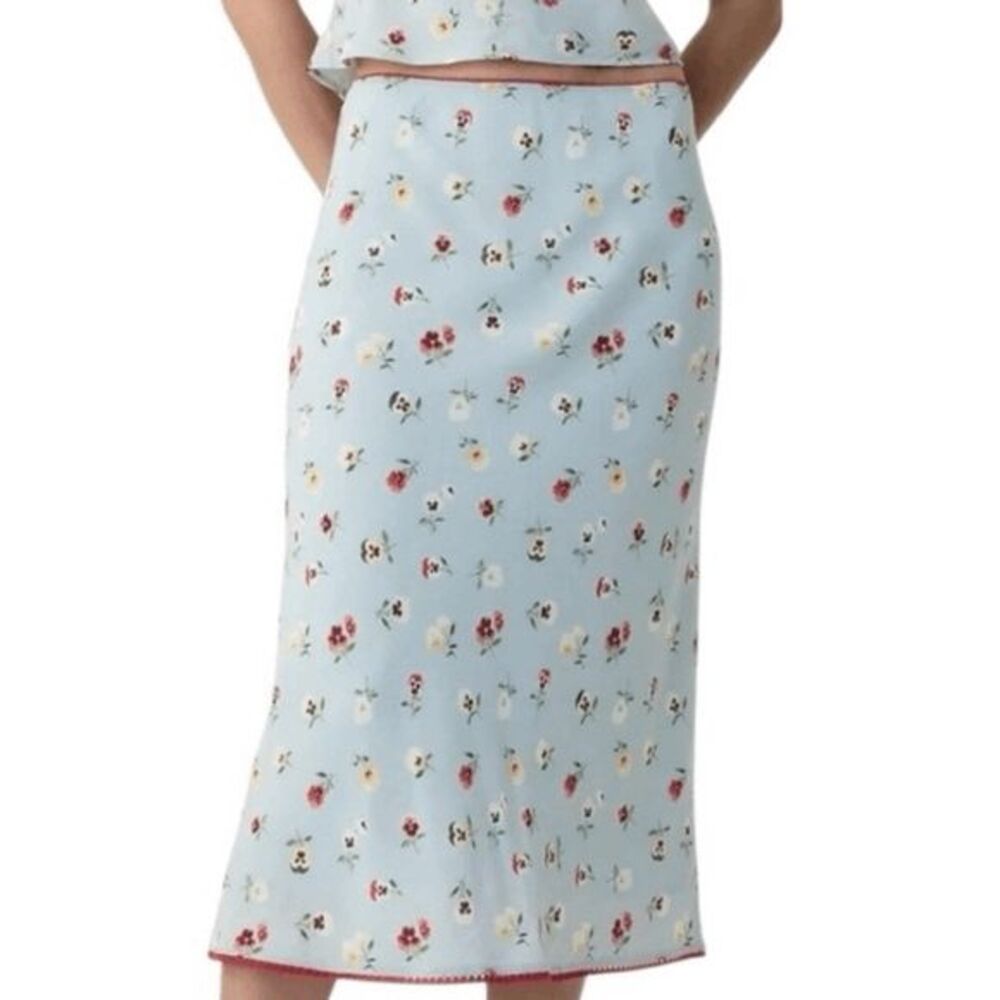 Gap x DÔEN Floral midi Skirt Blue Pansy Print Red Hem Womens M NEW